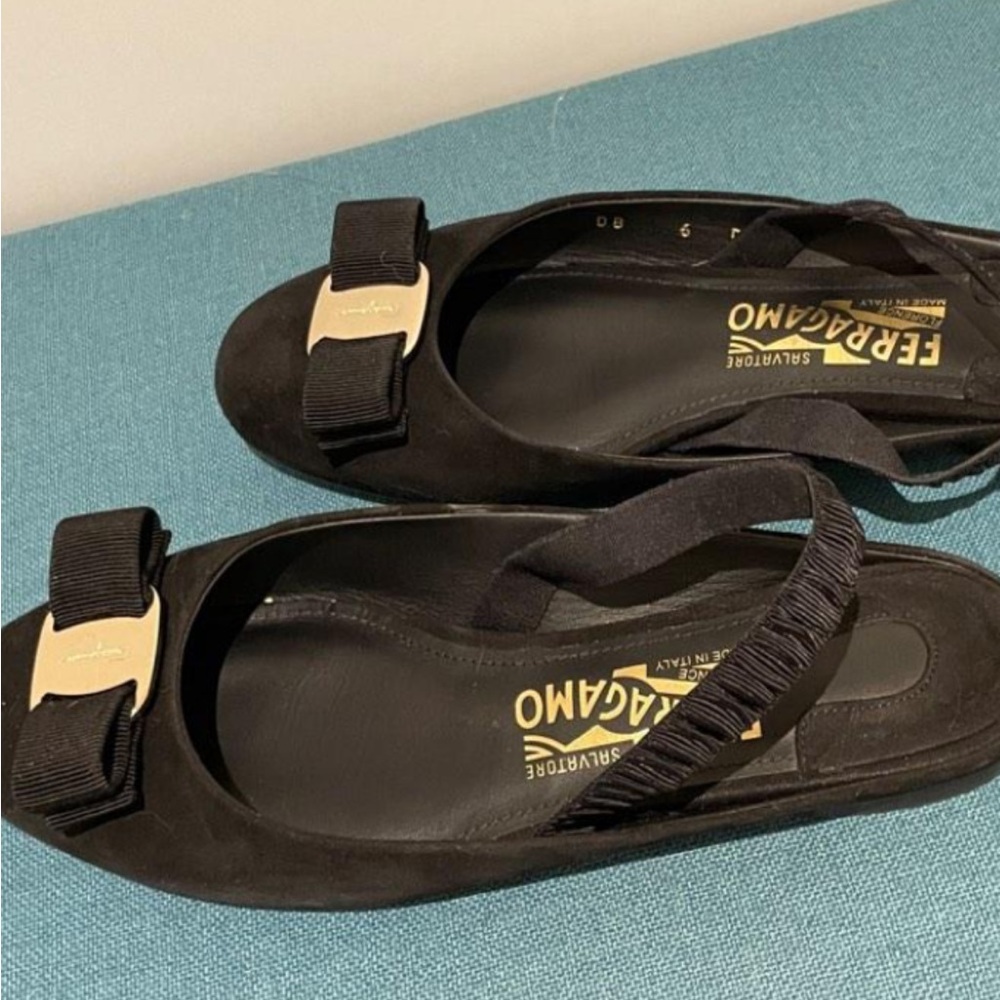 Salvatore Ferragamo Black Suede Bow Slingback Flats with Gold Logo